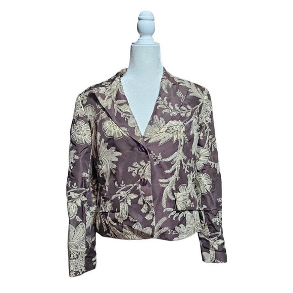 Grace Elements 100% silk shell brown and tan floral jacket blazer size 10 - Picture 1 of 8